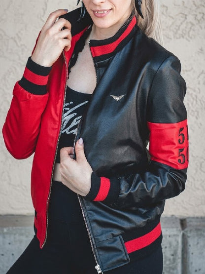 Harley Quinn Red & Black Leather Bomber Jacket