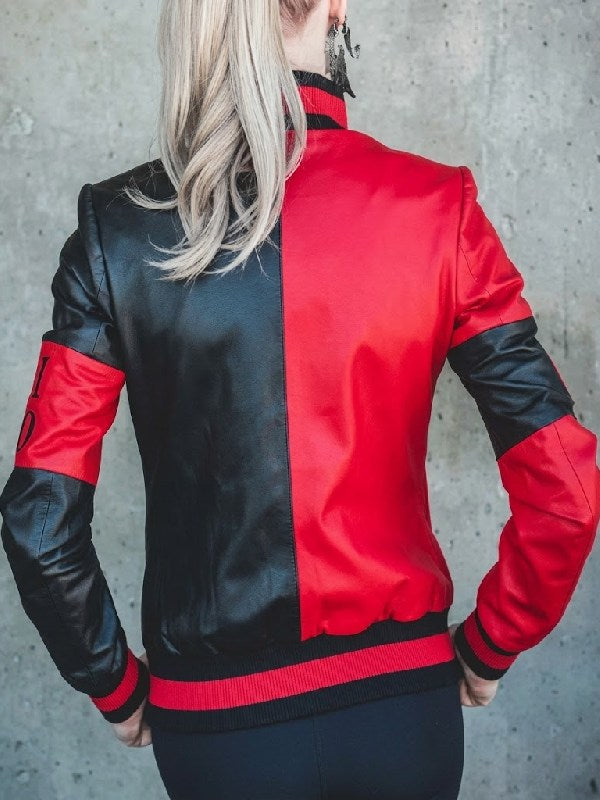 Harley Quinn Red & Black Leather Bomber Jacket