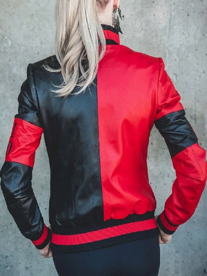 Harley Quinn Red & Black Leather Bomber Jacket