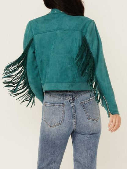Kamaia Fairburn Heartland Season 20 Faux Suede Studded Fringe Jacket - back view