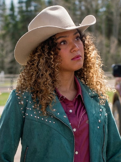 Kamaia Fairburn Heartland Season 20 Faux Suede Studded Fringe Jacket
