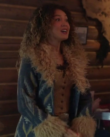 Kamaia Fairburn Heartland Season 20 Blue Aztec Print Fur Trim Coat