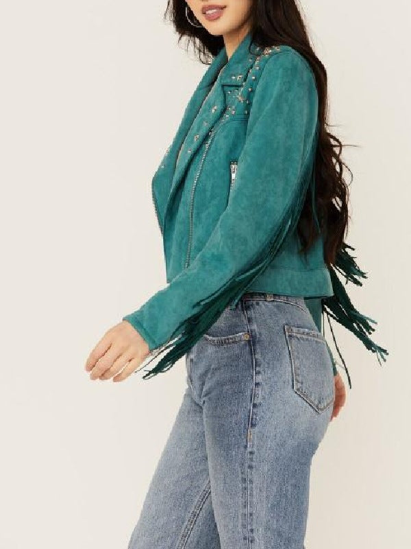 Kamaia Fairburn Heartland Season 20 Faux Suede Studded Fringe Jacket - side view