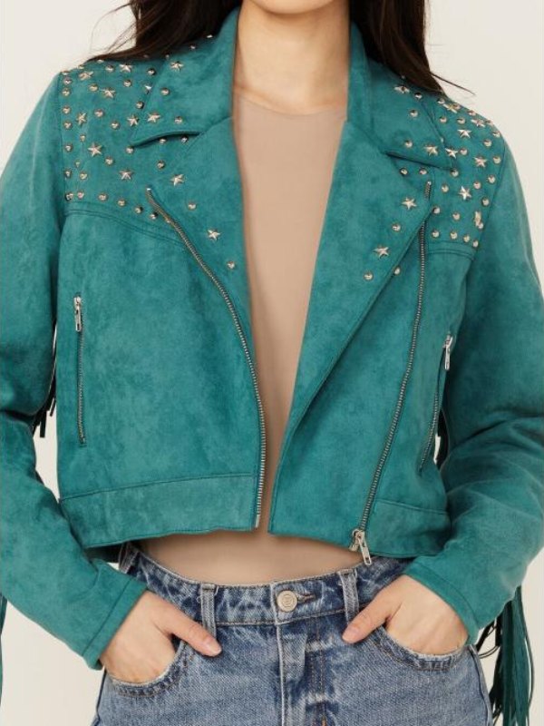 Kamaia Fairburn Heartland Season 20 Faux Suede Studded Fringe Jacket - front view