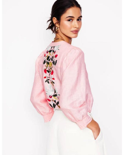 Claire Rushbrook Marble Hall Murders Pink Embroidered Top - back view