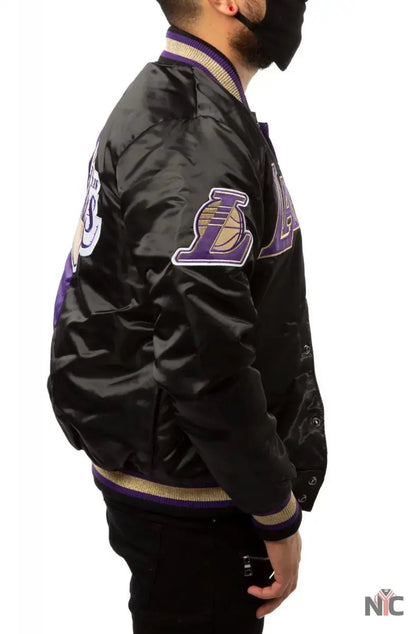 LA Lakers Black and Purple Satin Bomber Jacket Clanton Jacket