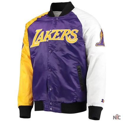 Los Angeles Lakers Tricolor Satin Varsity Jacket Clanton Jacket