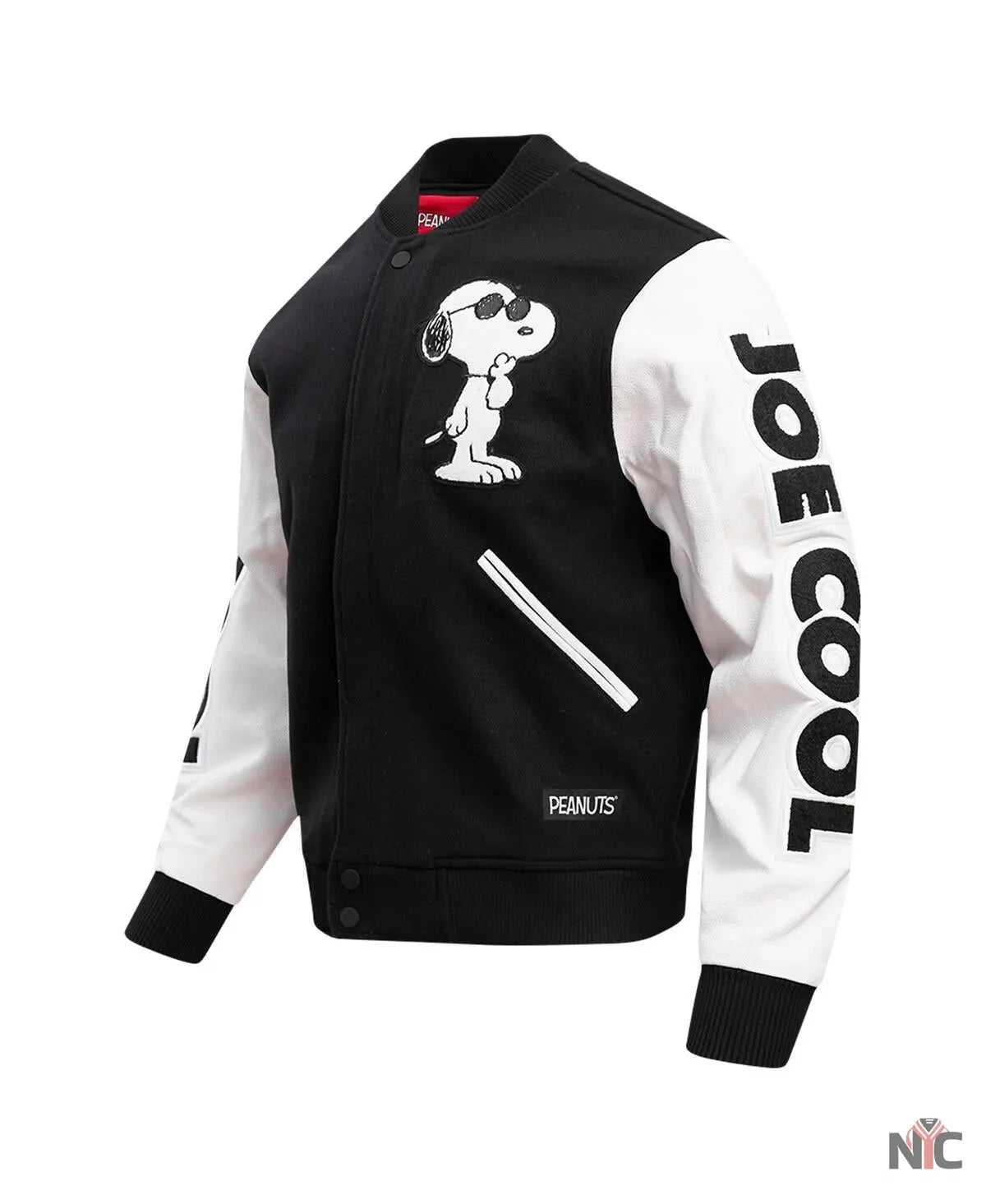 Men’s Black Peanuts Snoopy Joe Cool Full-zip Varsity Jacket Clanton Jacket