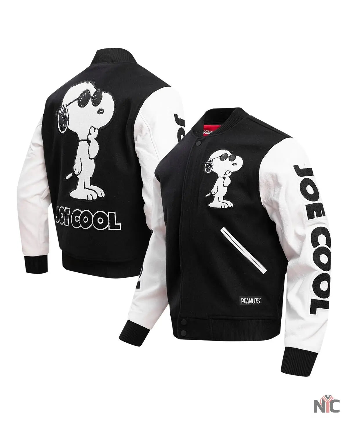 Men’s Black Peanuts Snoopy Joe Cool Full-zip Varsity Jacket Clanton Jacket