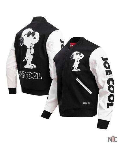 Men’s Black Peanuts Snoopy Joe Cool Full-zip Varsity Jacket Clanton Jacket