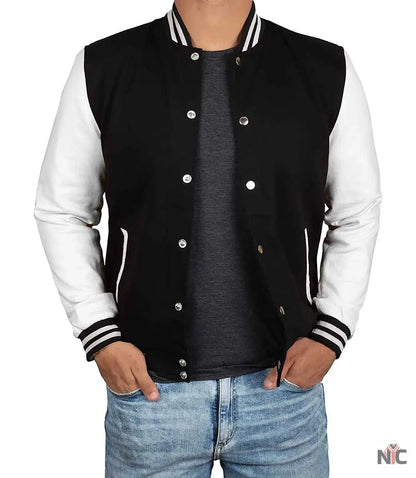 Men's Black and White Varsity Jacket - College Baseball Style Clanton Jacket