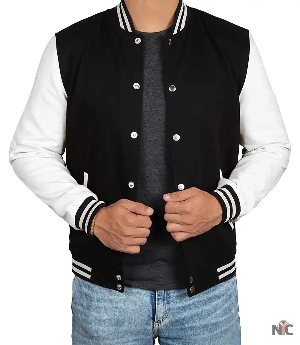 Men's Black and White Varsity Jacket - College Baseball Style Clanton Jacket