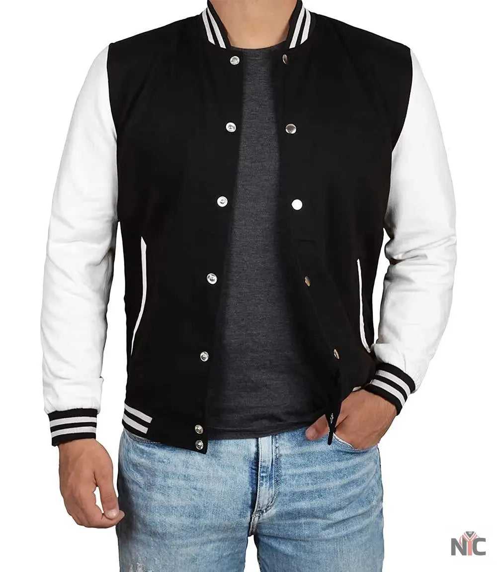 Men's Black and White Varsity Jacket - College Baseball Style Clanton Jacket