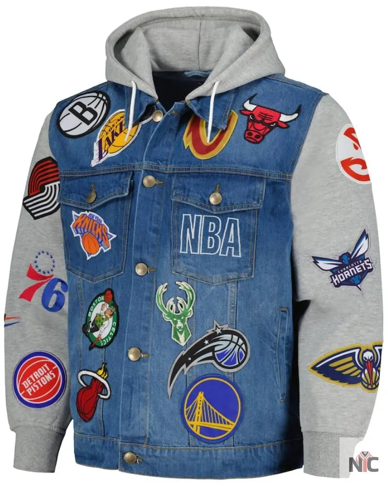 Men’s FISLL Blue/Gray NBA All Teams Full-Button Hoodie Denim Jacket Clanton Jacket