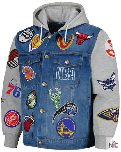 Men’s FISLL Blue/Gray NBA All Teams Full-Button Hoodie Denim Jacket Clanton Jacket
