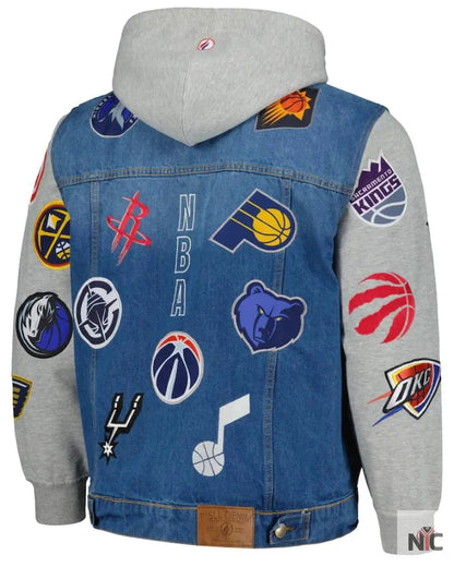Men’s FISLL Blue/Gray NBA All Teams Full-Button Hoodie Denim Jacket Clanton Jacket