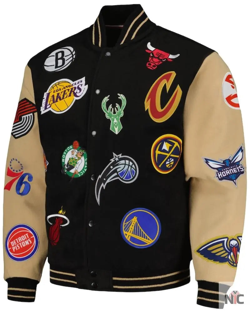 Men’s NBA FISLL Black/Khaki All Logo Aviator Wool Varsity Jacket Clanton Jacket