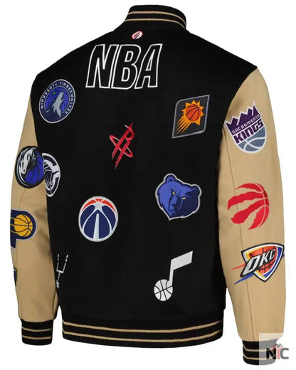 Men’s NBA FISLL Black/Khaki All Logo Aviator Wool Varsity Jacket Clanton Jacket