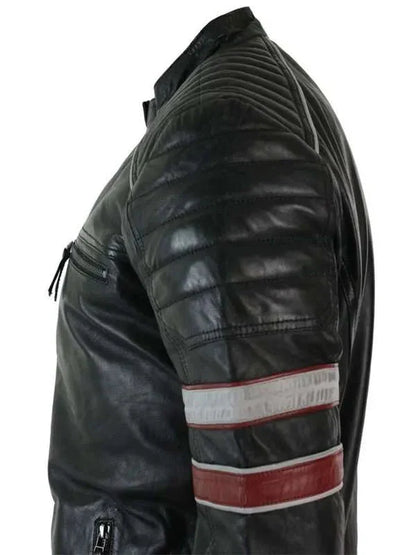 Men’s Black Red & White Stripes Moto Leather Jacket Shopotiny