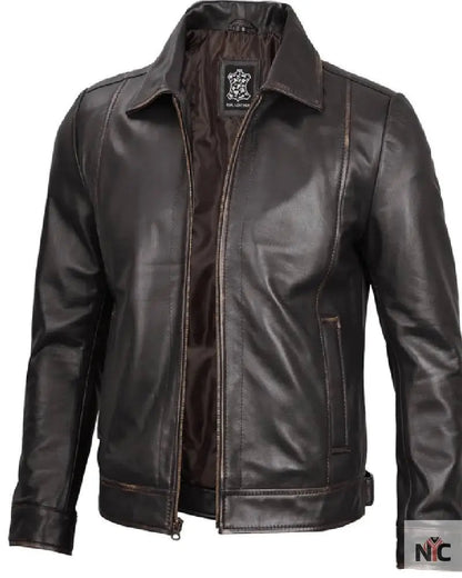 Mens Vintage Leather Rub Off Brown Casual Jacket Clanton Jacket