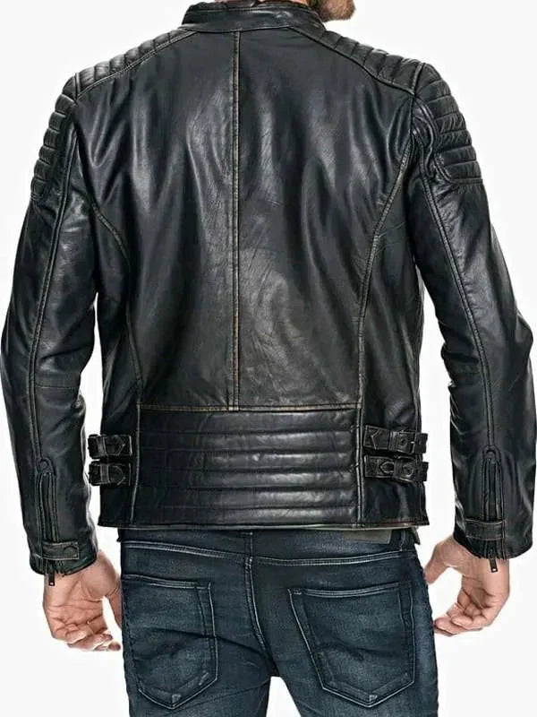 Men Quilted Sheepskin Distressed Black Leather Jacket Clanton Jacket