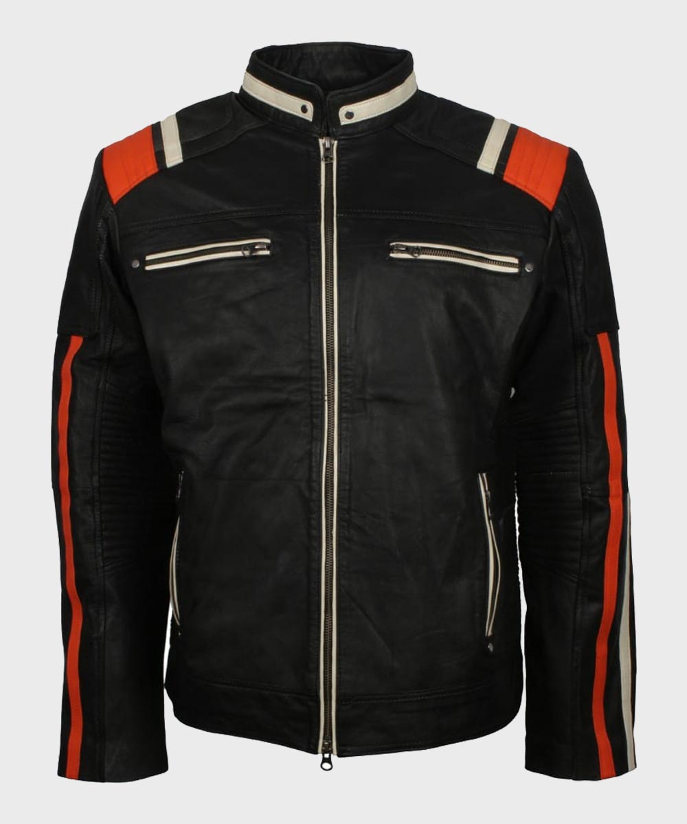 Mens Cafe Racer Striped Black Retro Biker Jacket