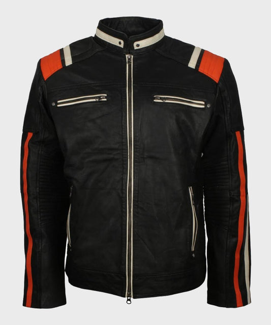Mens Cafe Racer Striped Black Retro Biker Jacket