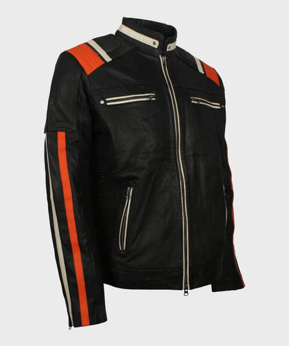 Mens Cafe Racer Striped Black Retro Biker Jacket