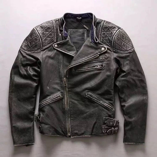 Mens Skull Distressed Black Vintage Biker Jacket