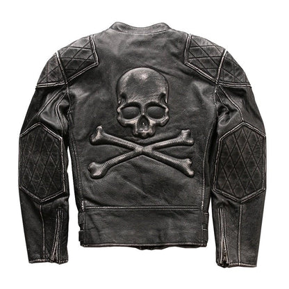 Mens Skull Distressed Black Vintage Biker Jacket