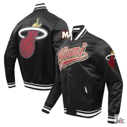 Miami Heat Script Tail Black Full-snap Satin Varsity Jacket Clanton Jacket