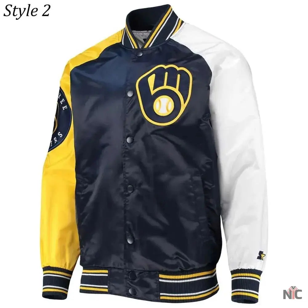 Milwaukee Brewers Gold and Navy Varsity Satin Jacket Clanton Jacket