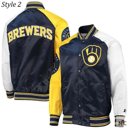 Milwaukee Brewers Gold and Navy Varsity Satin Jacket Clanton Jacket