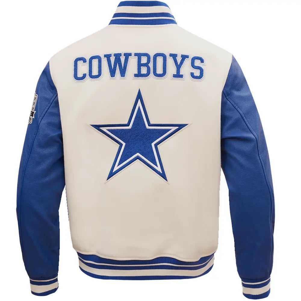 NFL Dallas Cowboys White And Blue Varsity Jacket - detail view