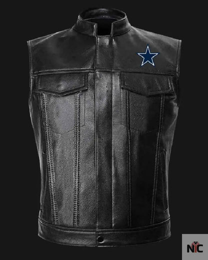 NFL Team Dallas Cowboys Black Leather Vest Clanton Jacket