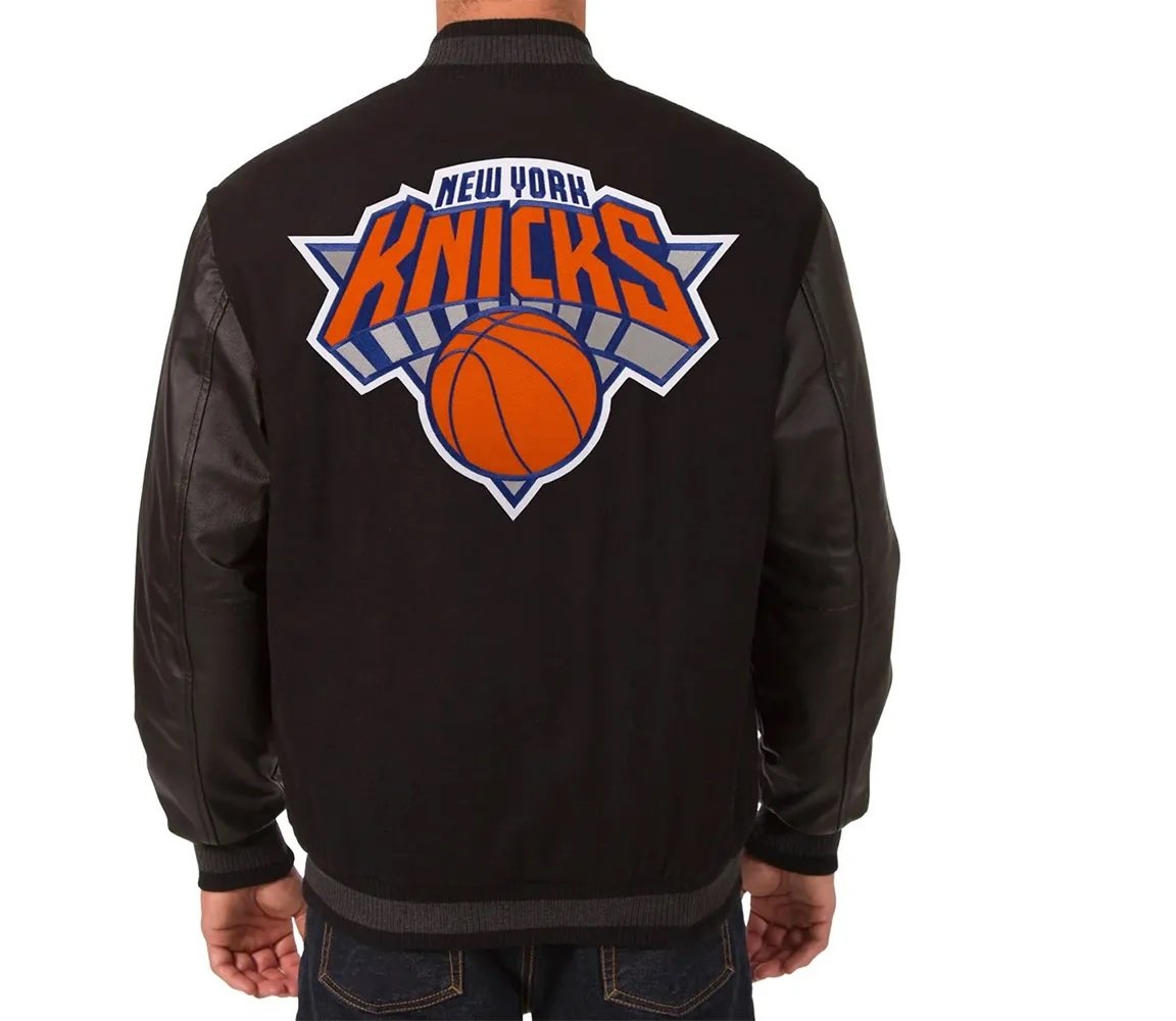 NY Knicks Black Wool Varsity Wool Leather Jacket - back view