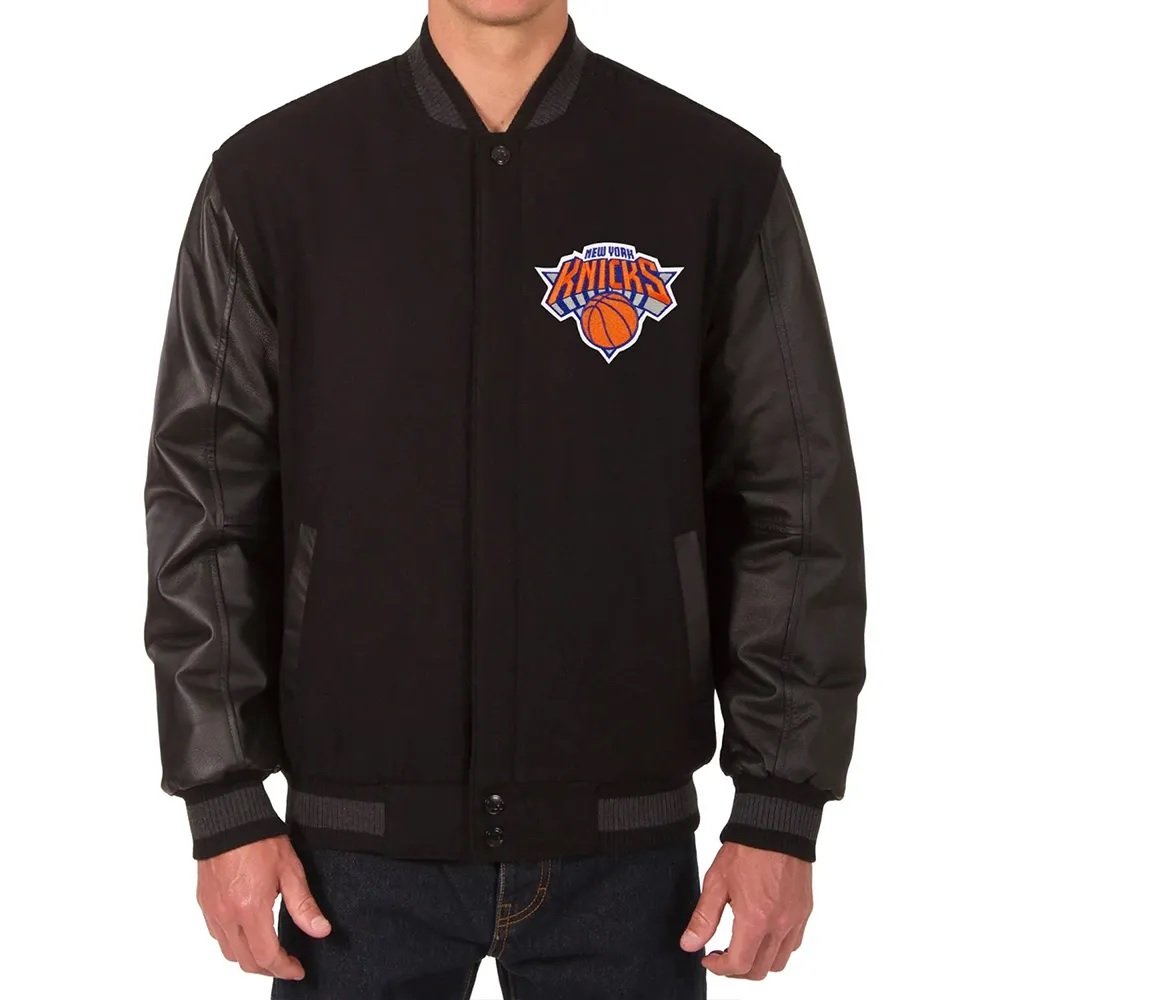 NY Knicks Black Wool Varsity Wool Leather Jacket