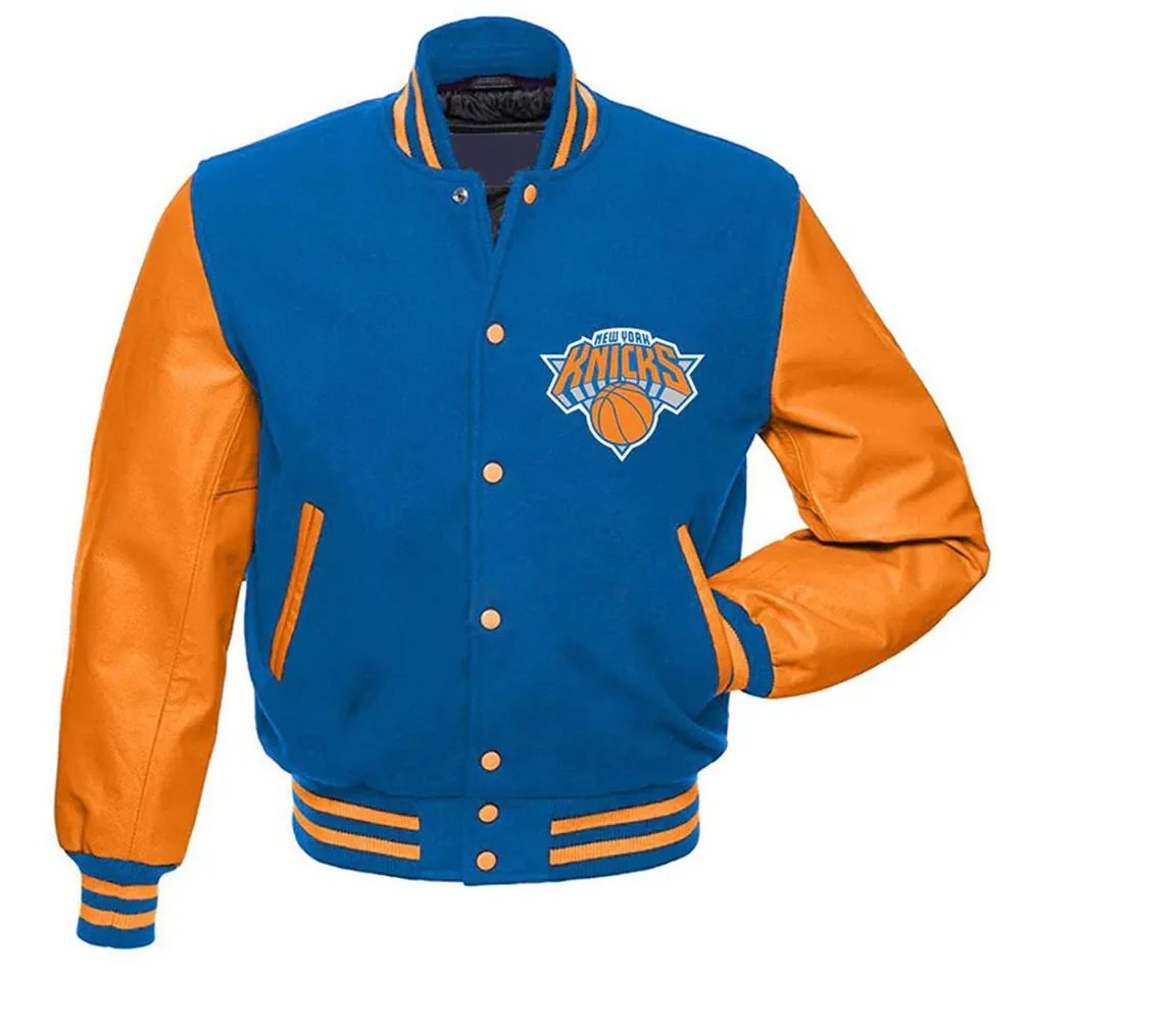 NY Knicks Varsity Satin Orange and Blue Jacket