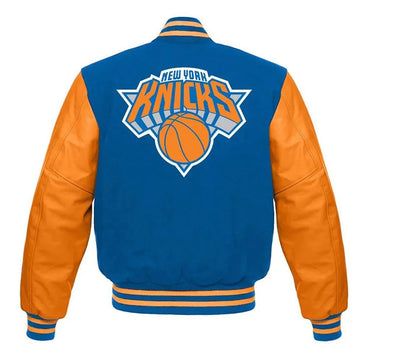 NY Knicks Varsity Satin Orange and Blue Jacket - back view