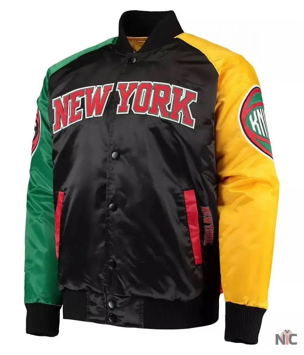 NY Knicks Ty Mopkins Satin Full-Snap Black and Red Jacket Clanton Jacket