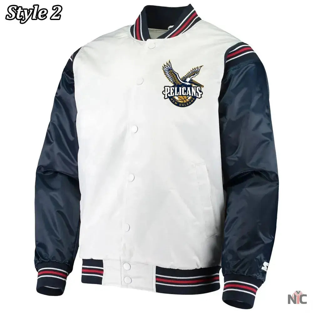 New Orleans Pelicans Renegade Varsity White Navy Jacket Clanton Jacket