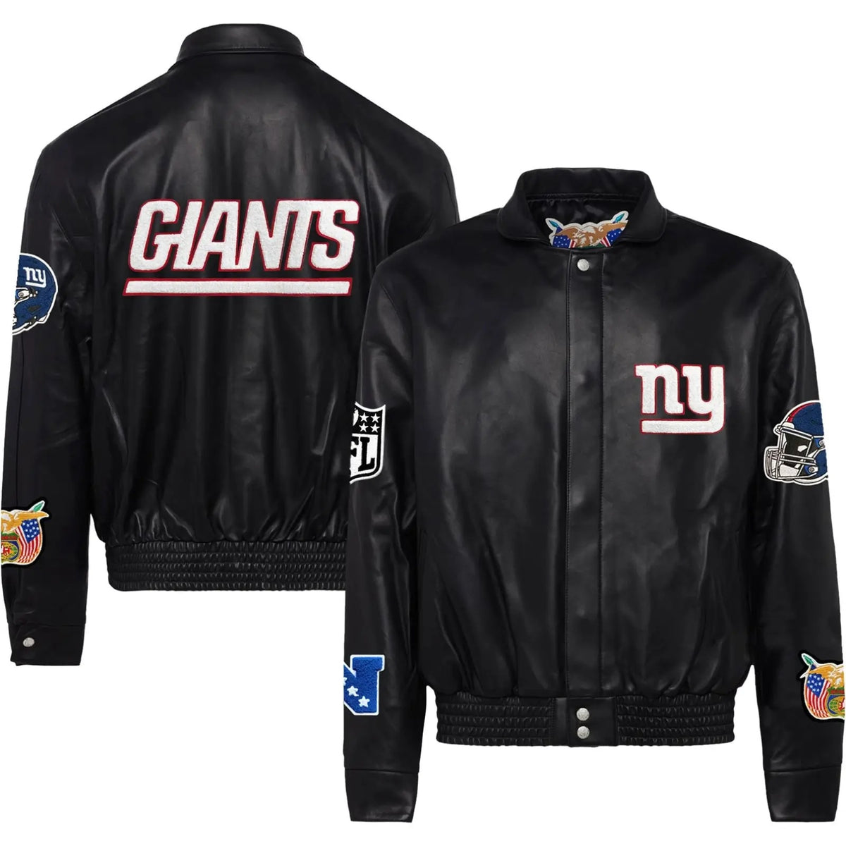 New York Giants Jeff Hamilton Black Leather Varsity Jacket - back view