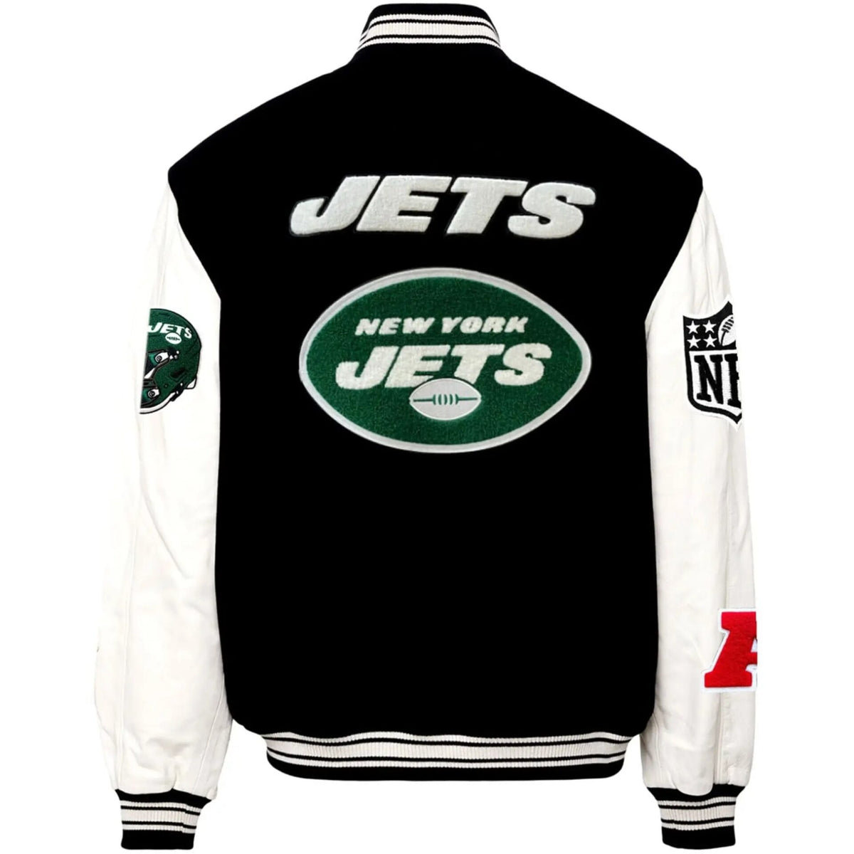 New York Jets Jeff Hamilton Wool and Leather Varsity Jacket - detail view