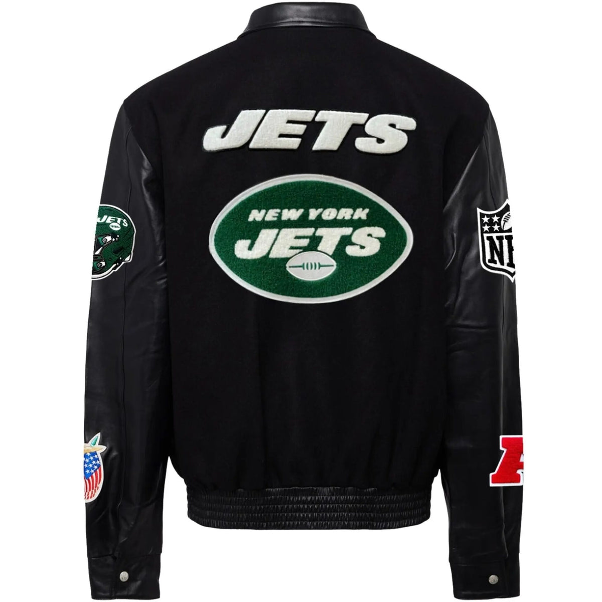 New York Jets Jeff Hamilton Wool and Leather Varsity Jacket - back view