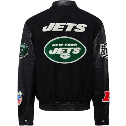 New York Jets Jeff Hamilton Wool and Leather Varsity Jacket - back view