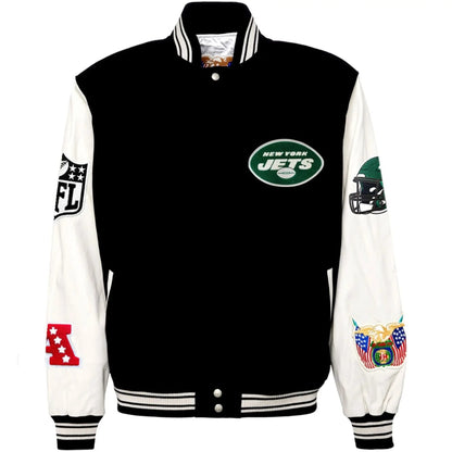 New York Jets Jeff Hamilton Wool and Leather Varsity Jacket - side view