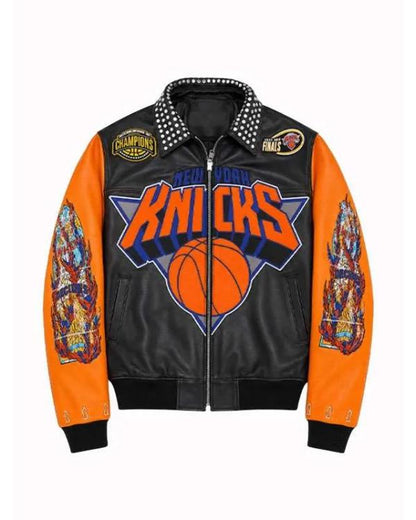 New York Knicks 2026 Championship Black & Orange Leather Jacket - front view