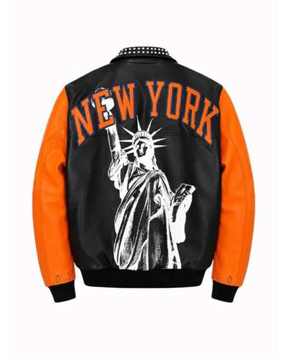 New York Knicks 2026 Championship Black & Orange Leather Jacket - side view