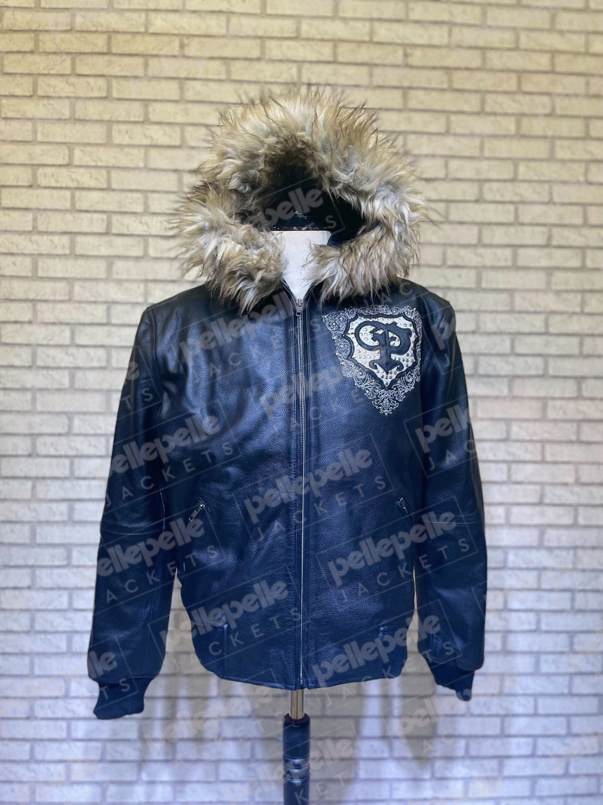Pelle Pelle Black PP Crest Fur Hood Leather Jacket - detail view