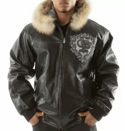 Pelle Pelle Black PP Crest Fur Hood Leather Jacket - back view